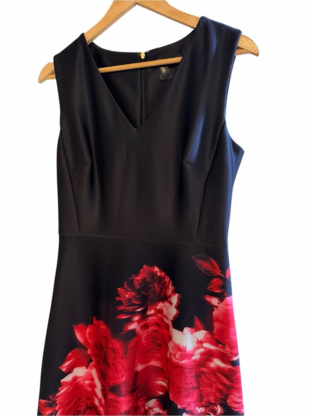 Donna Karan Black V-Neck Mini Dress with Red Floral Skirt - Picture 4 of 9